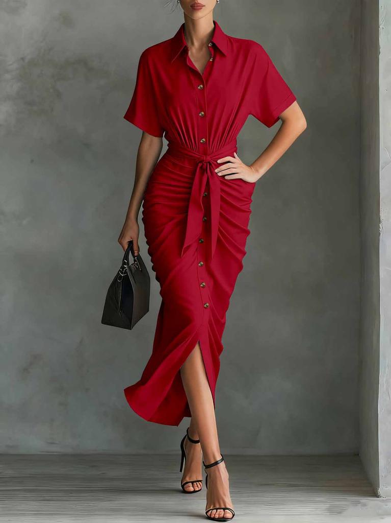 Women's Fashion Vintage Short-Sleeve Pleated Button-Down Shirt Dress