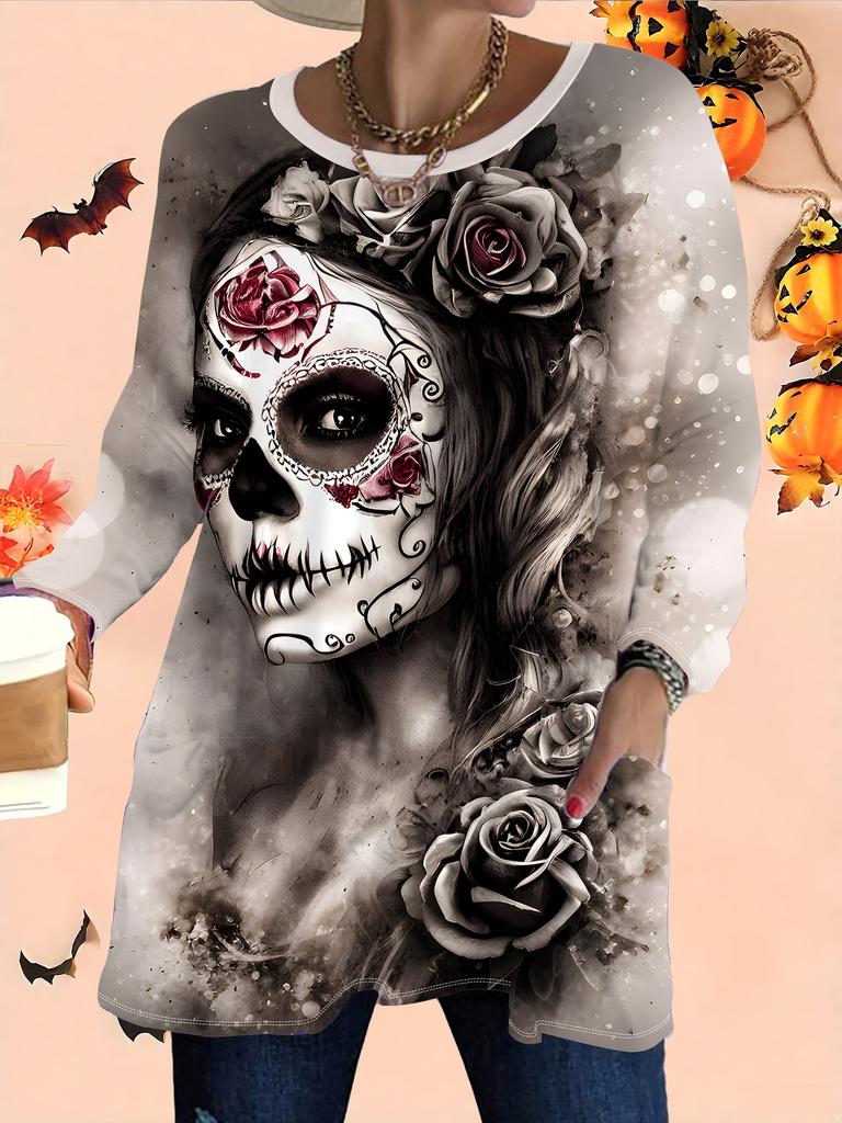 2025 Autumn Winter New Plus Size Women's Tops, Halloween 3D Print Fashion Crew Neck Long Sleeve T-Shirts