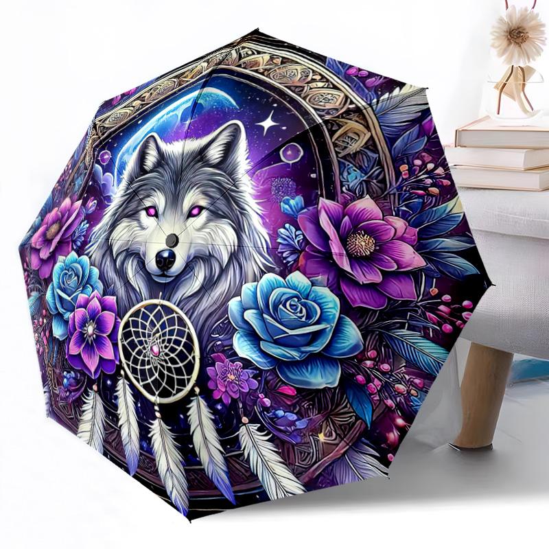 Wolf Dreamcatcher Mandala Outdoor Automatic Umbrella Retractable Design with 8-Rib Durability Lightweight Perfect Gift for Friends Family