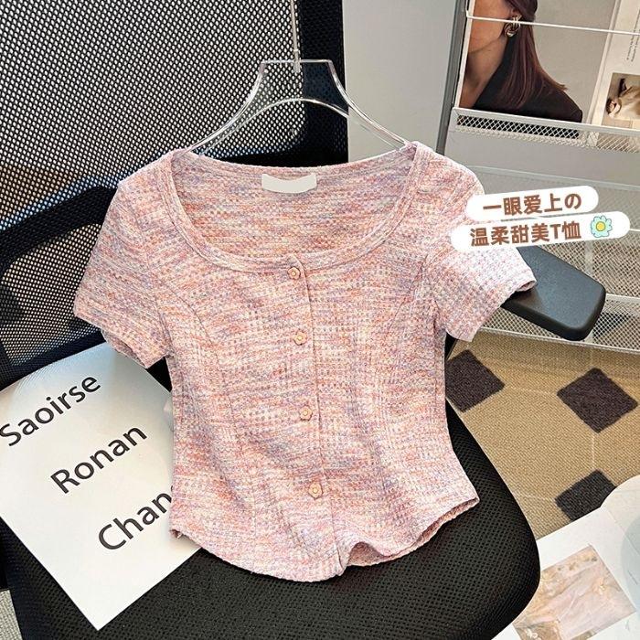 No price reduction #sweet wind niche u-neck short-sleeved t-shirt women's summer new pure desire spice girl slim versatile