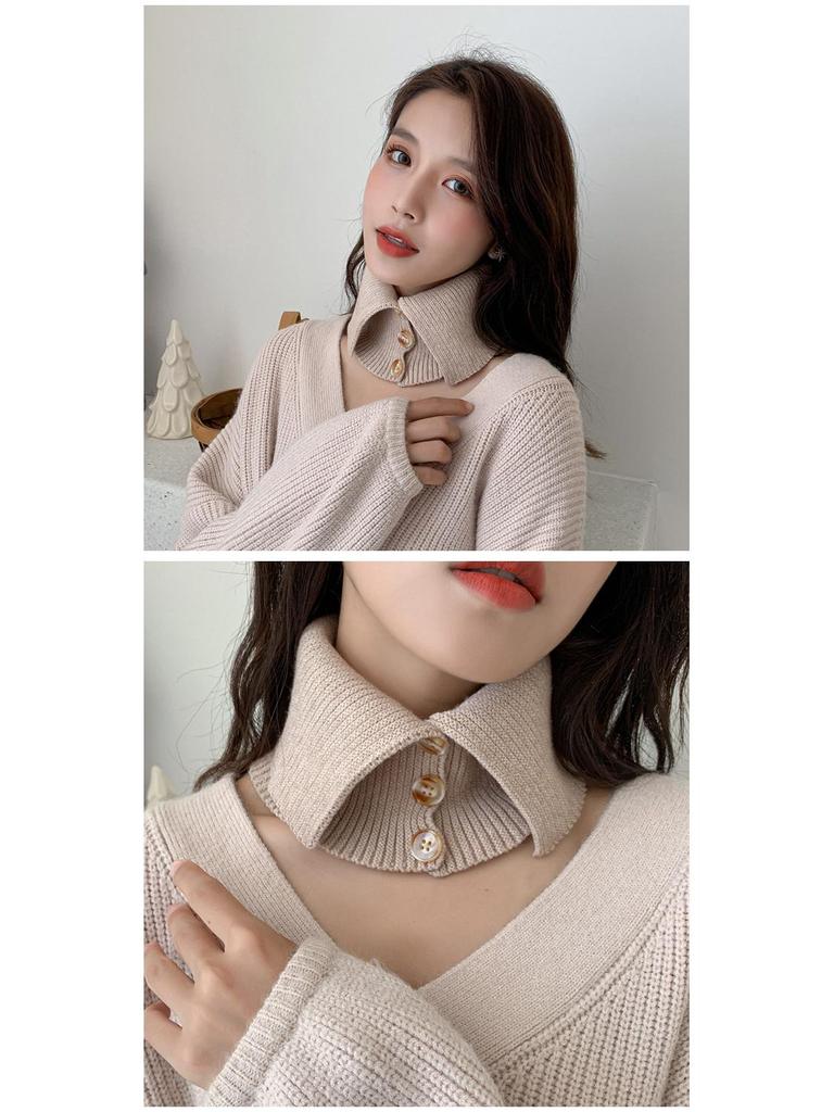 Strikket knappeskjerf for kvinner med kunstig krage – allsidig gensertilbehør for vår, høst og vinter