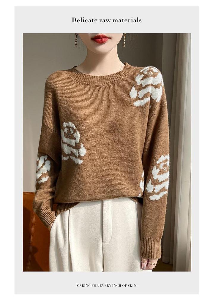 Women's French Style Round Neck Jacquard Wool Sweater - Loose Autumn/Winter Knit Pullover