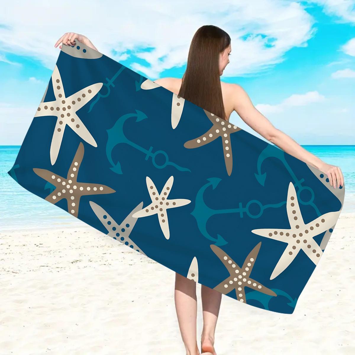 

Vintage Coastal Teal Starfish Seashell Beach Towel Distressed Rustic Ocean Boho Print Soft Absorbent Quick Dry Beach Blanket W40*H60(CM)