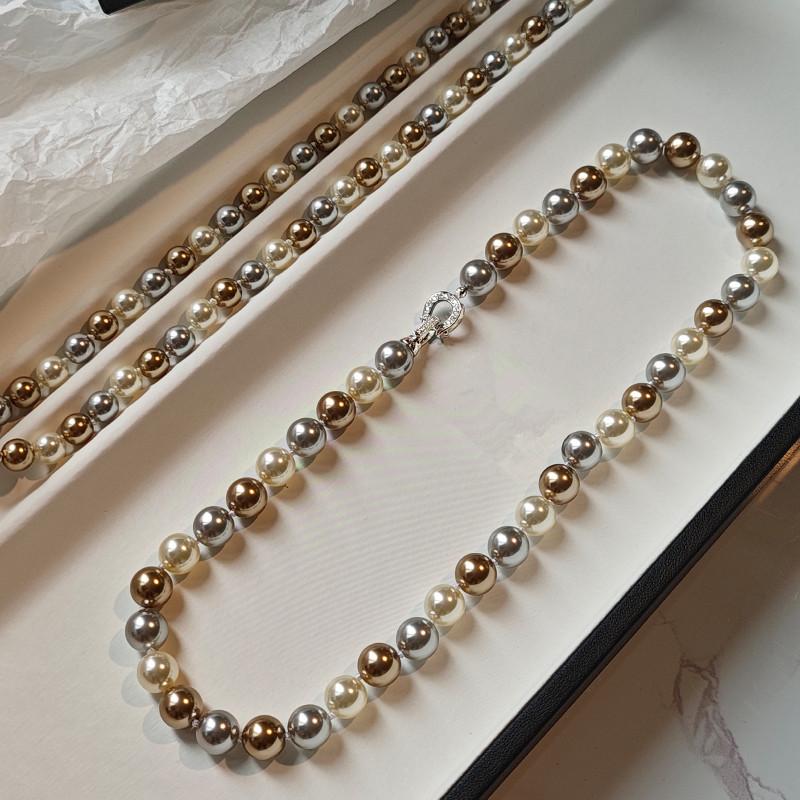 Shijia Pearl Maillard Style French Retro Light Luxury Mixed Color Pearl Necklace Full Of Diamonds Horseshoe Buckle Collarbone Chain Women