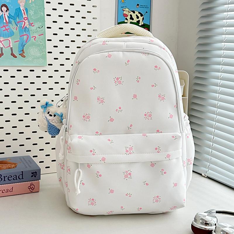 Minimalist Nylon Student Backpack With Geometric Pattern And Floral Details For Daily Use