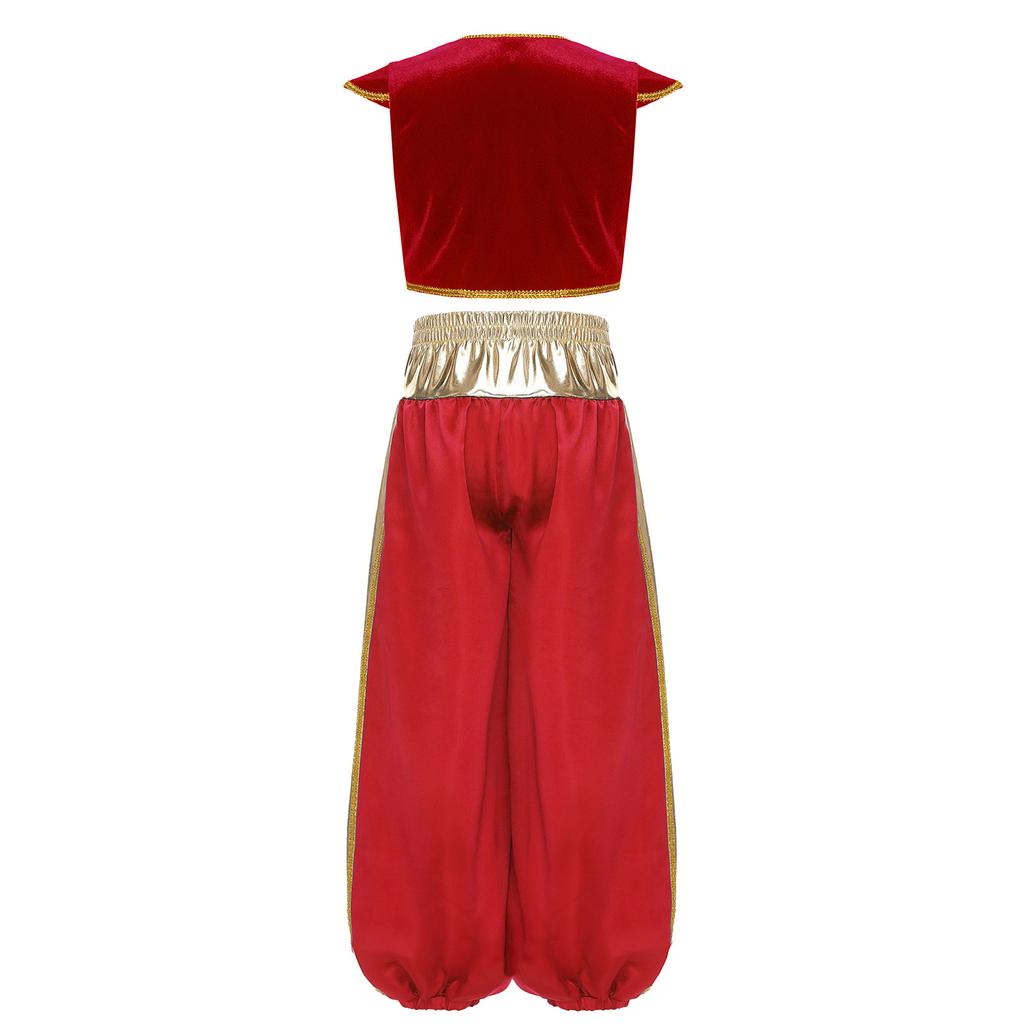 Set Costume da Principe Arabo per Ragazzo Manica a Cappuccio Gilet Intrecciato Patchwork Metallico Lucido Pantaloni a Palloncino Color Contrasto