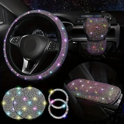 7pcs Bling Car Accessories For Women, Bling Steering Wheel Cover Bling Car Coasters Bling Car Armrest Box Mat Ring Emblem