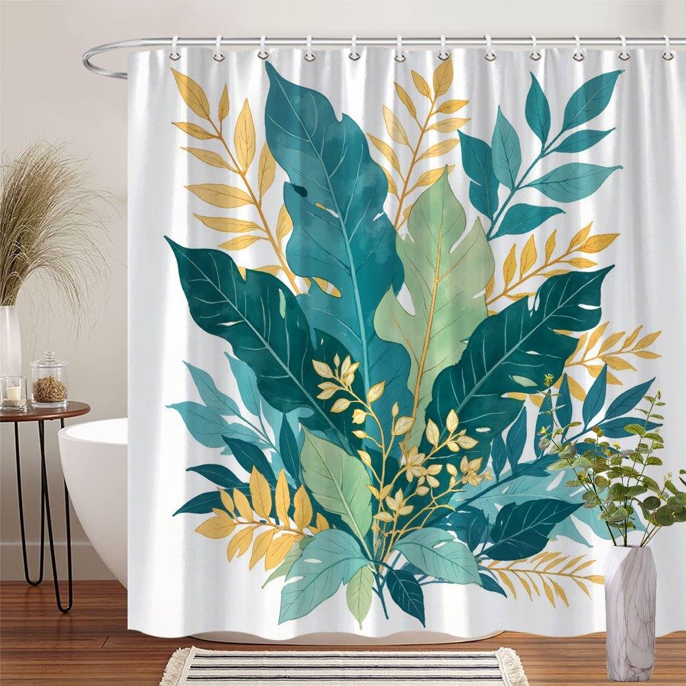 1pc Tropical Leaves Polyester Shower Curtain, Stylish Home Bathroom Decor, Dark Green, Yellow and Light Green Leaves with Hook