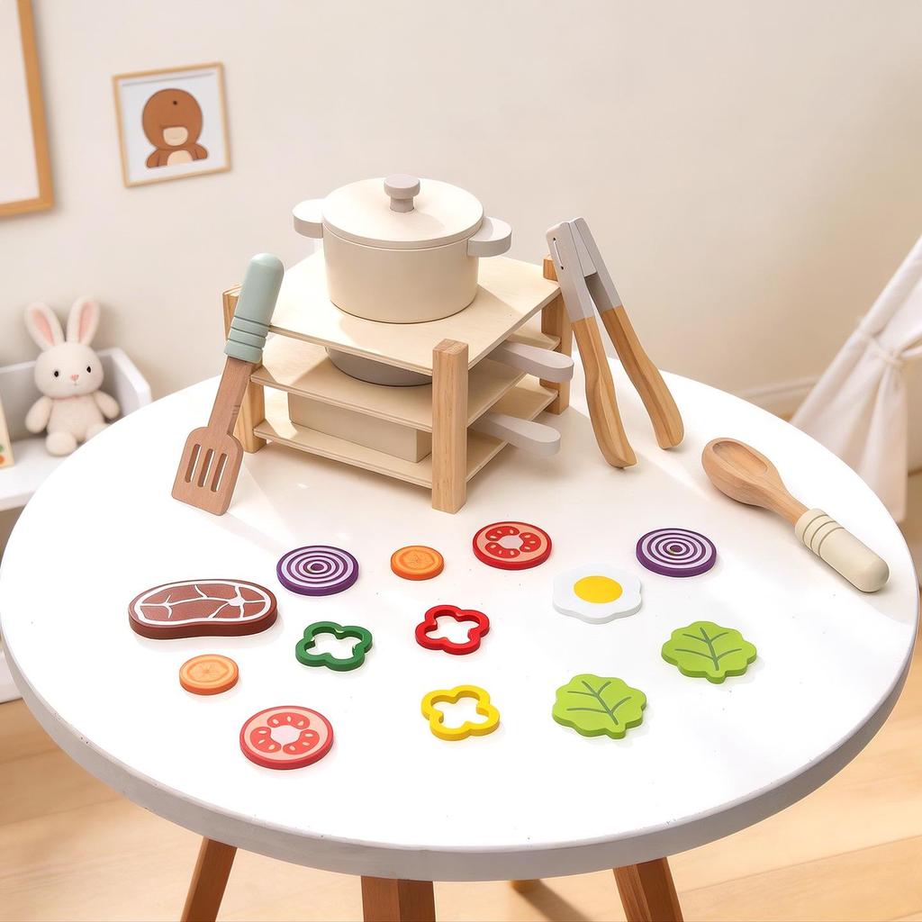Wooden Play Kitchen Cookware Set: Frying Pan & Rice Cooking Toys for Kids