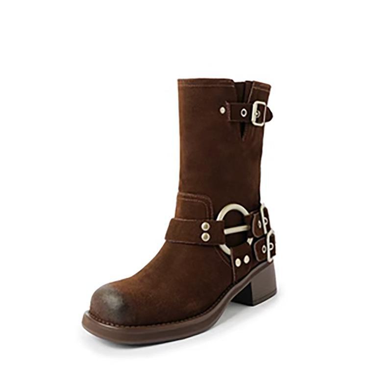 Mu Frosted Leather Retro Western Mid-Tube Boots – Autumn/Winter Thick Heel Knight Martin Style with Rubbed Colors