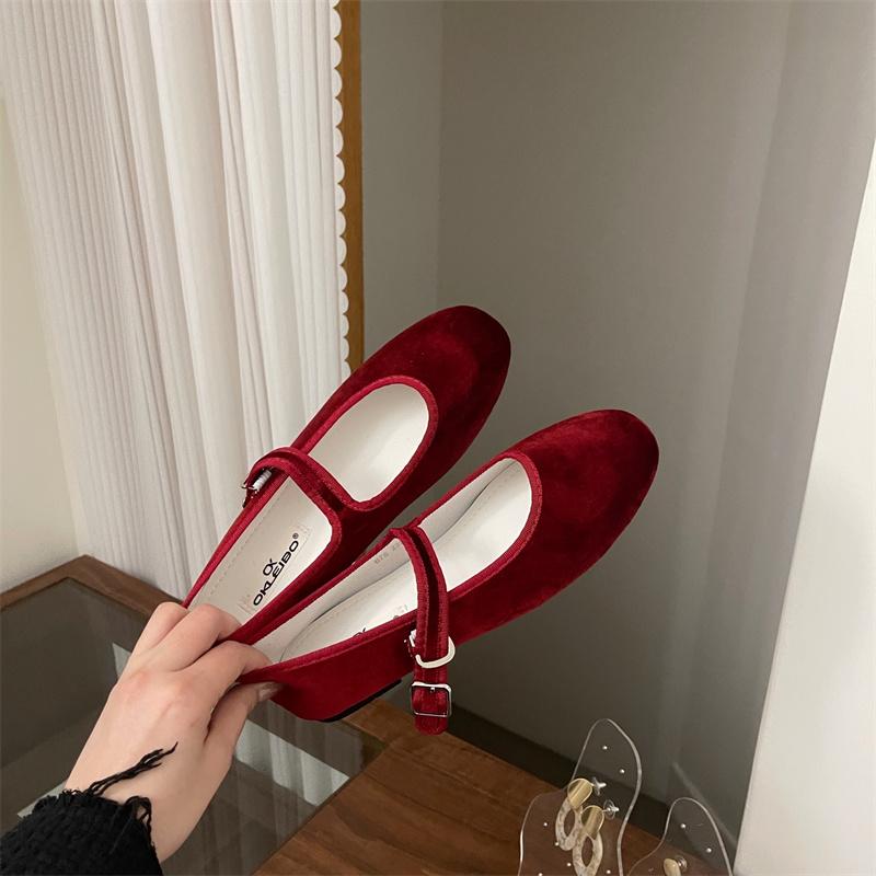 Fashion Flat Shoes for Women's Spring and Autumn 2025 Velvet New Shallow Mouth Round Toe Red Mary Jane Shoes Ballet Shoes