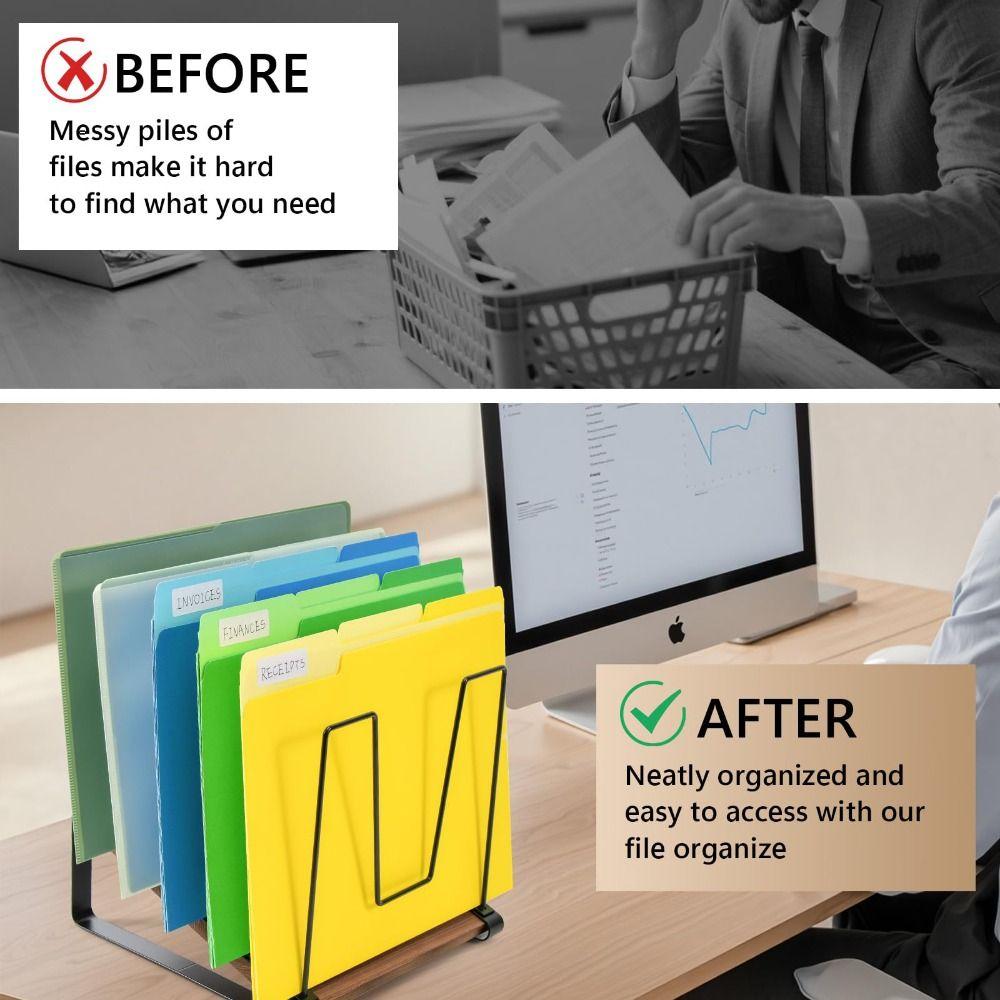 5-Section Inclined Desk File Organizer with Wooden Base Space Saving Metal File Sorter Rack Vertical Multifunctional