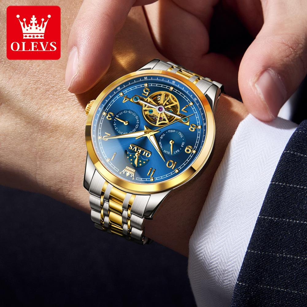 OLEVS 7071 Skelettierte Multifunktions-Mechanik-Herrenuhren Edelstahl Wasserdicht Leuchtend Mondphase Automatisch Mann Uhr