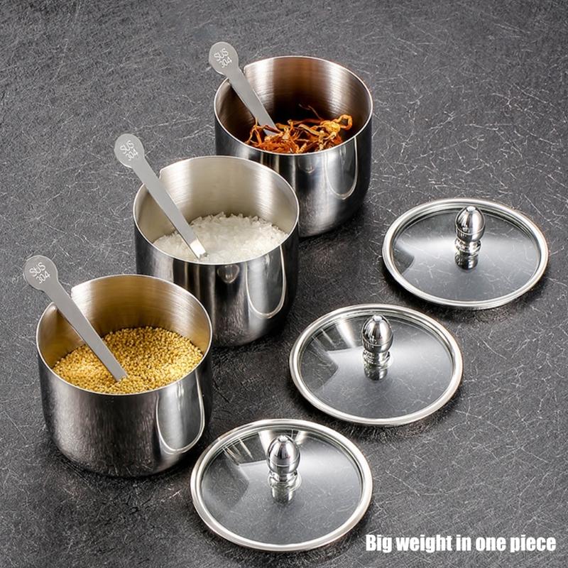 Stainless Steel Sugar Bowls With Clear Glass Lid And Spoon Perfect For Storing Salt Candy Coffee Bean In The Kitchens
