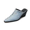 Fashion Women's New Spring/Summer Pointed Genuine Leather Silk Cowhide Metal Rivet Slope Heel High Heel Baotou Muller Slippers