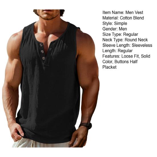 Men Vest Round Neck Buttons Half Placket Sleeveless Muscle Tank Tops Pure Color Loose Fit Summer Casual Camisole