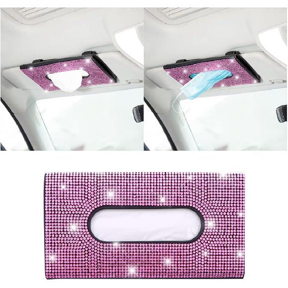 Bling Car Sun Visor Tissue Box Holder, Rhinestone PU Leather Crystal Sparkling Napkin Holder, Backseat Paper Towel Cover Case Car Accessories for