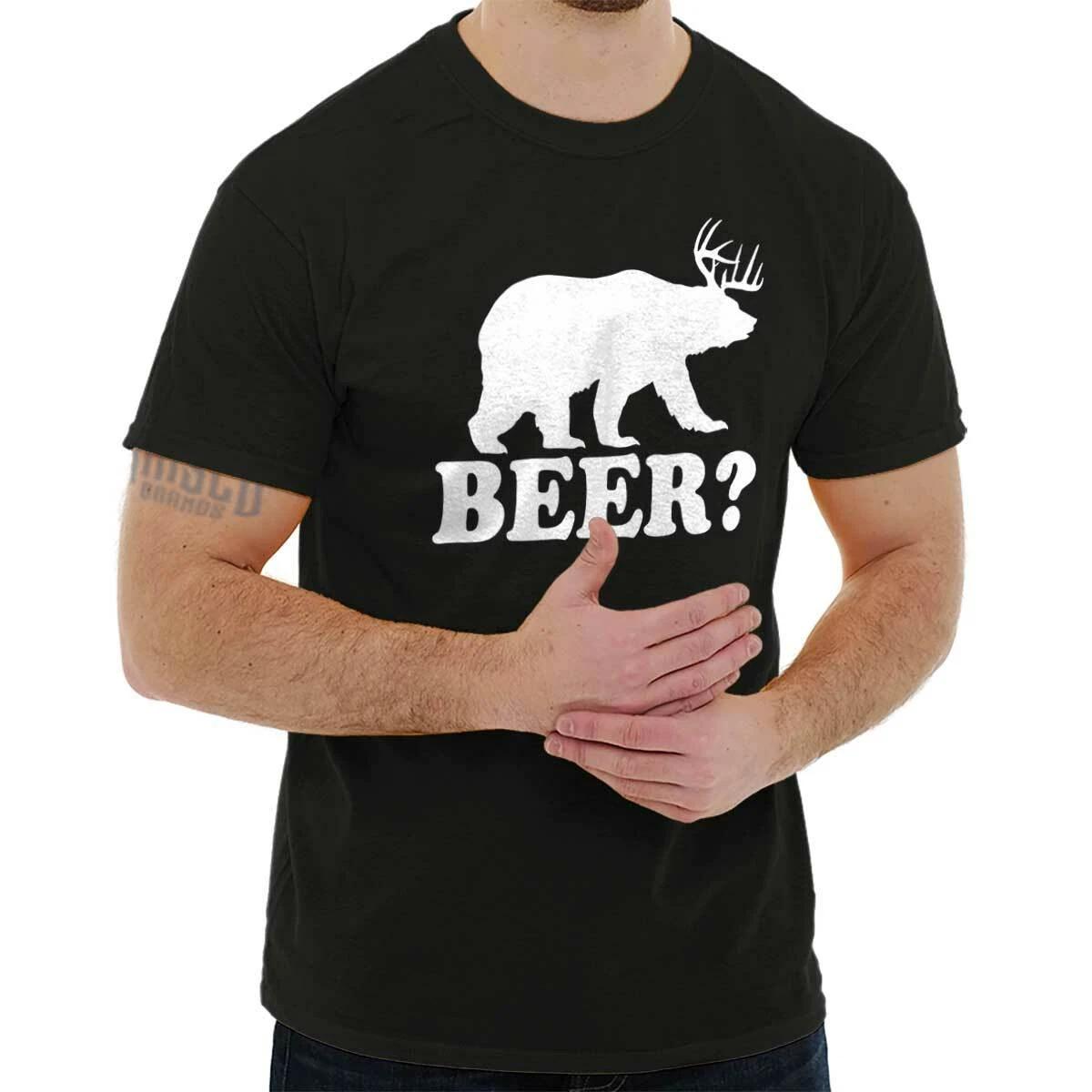 Funny Drinking Humor Beer Bear Deer Joke Womens or Mens Crewneck T Shirt Tee M