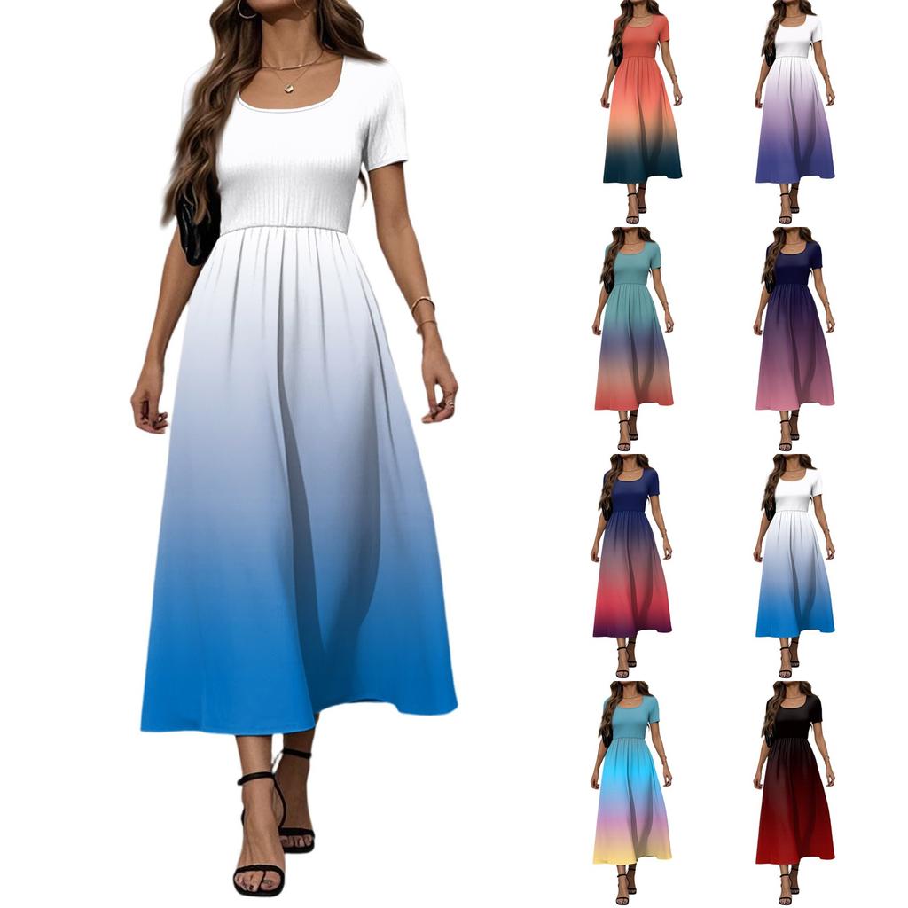 Women's Fashion Casual Short Sleeve Round Neck Splicing Gradient Elegant Temperament Dress