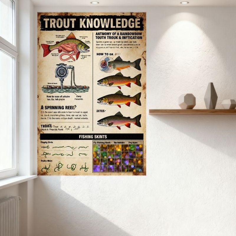 Vintage Trout Knowledge Educational Poster, Anatomy of Rainbow Trout & Fishing Skills Metal Tin Sign for Man Cave Bar Home Decor
