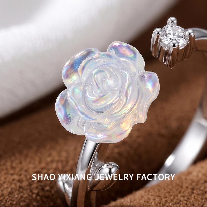 Camellia Rose Diamond Open Ring: Transparent Floral Design for Index Finger, Light Luxury Feel