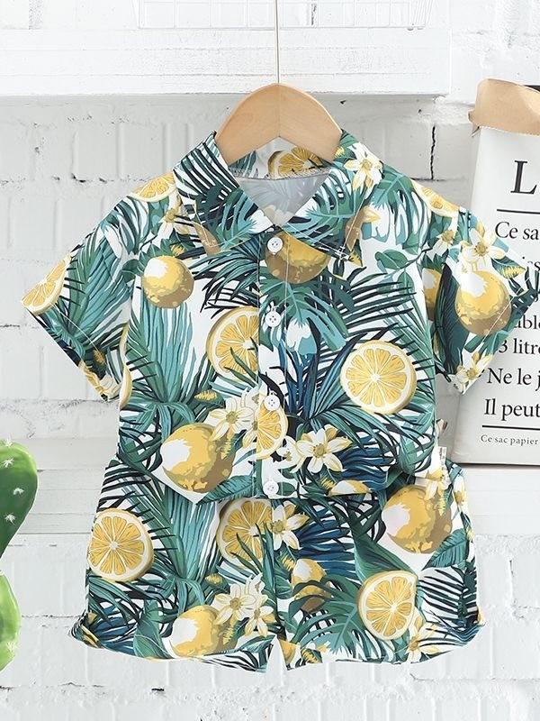 Adorable Boys Hawaiian Floral Shirt And Short Set For Summer Beach Vacation In Soft Cotton