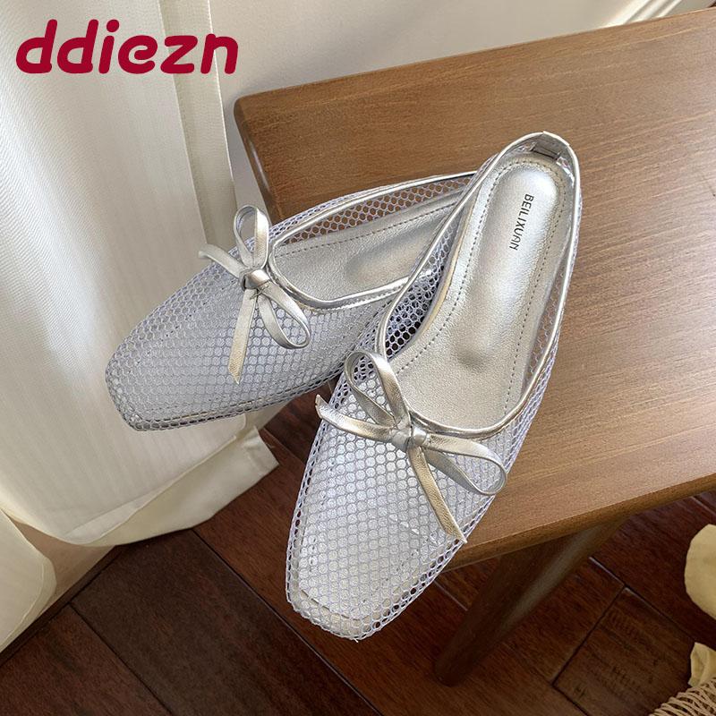 Fashion Summer Beach Female Slides Women Flats Slippers Mules Fashion Butterfly-Knot Footwear Mesh Ladies Flats Slippers Sandals Shoes