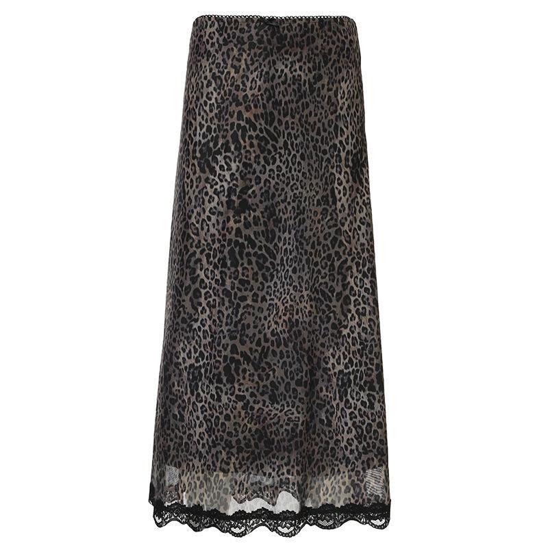 

Women s Retro Leopard Print & Lace Panel High Waist Midi Skirt L коричневий