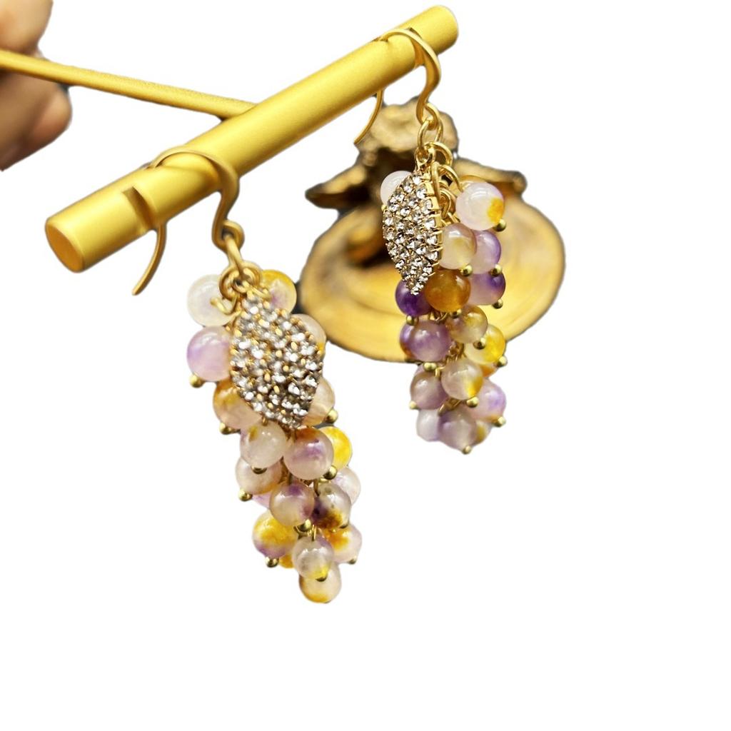 Vintage Western Grape Skewer Agate Colored Stone Earrings Electroplated Simple Luxury Versatile Style