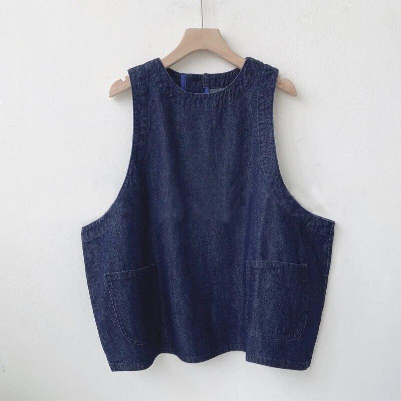 

Johnature универсальные жилеты без рукавов, летние повседневные простые свободные женские топы с круглым вырезом и карманами One Size синий