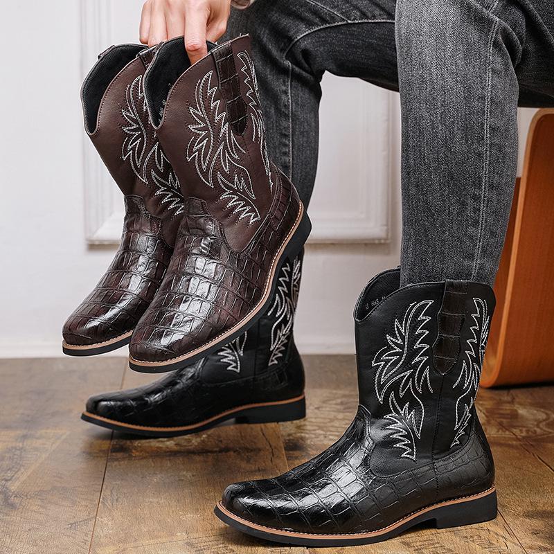 Men's Western Cowboy Boots: Retro Crocodile Pattern Embroidered Leather Knight Boots, Large Size, High Cut