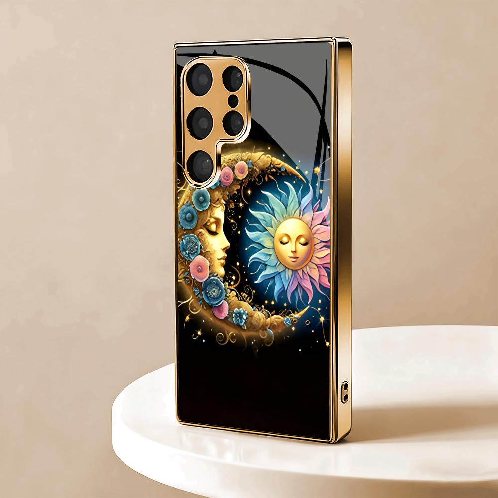 Star Moon Metallic Glass Phone Case Suitable for Samsung Galaxy S26 S25 S24 S22 S21 S20 FE/Ultra/Plus Anti Drop Rear Cover