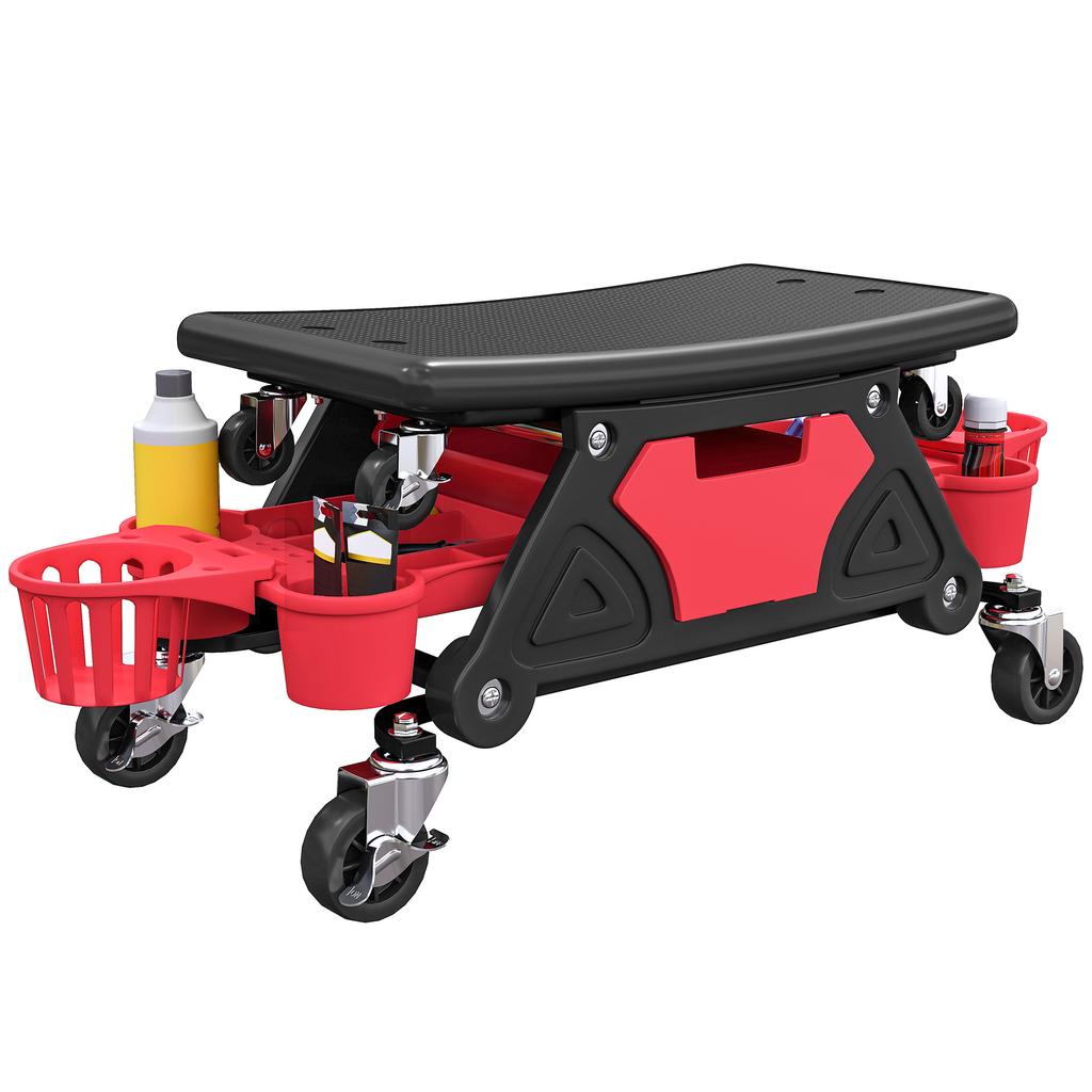 Rolling Mechanic Stool, 135kg Capacity Workshop Stool with 360 degrees Swivel Wheels, Roller Creeper Seat with Slide Out Tool Trays, Drawer
