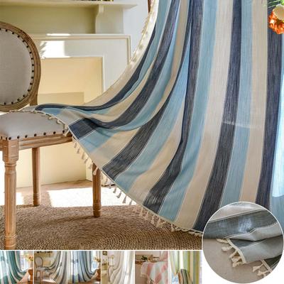 Bohemian Bunte Gestreifte Tüllvorhänge Quaste Halb Verdunkelnd Fenster Vorhänge für Küche Café Heimdekoration 45-275cm Höhe