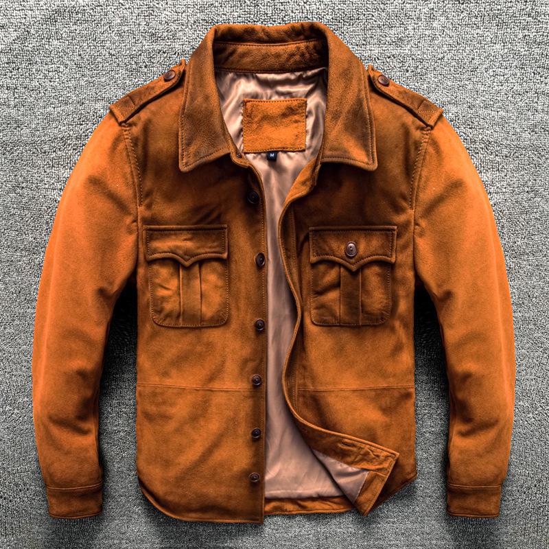 

Куртка из натуральной кожи для мужчин Американский ретро стиль с эффектом стирки и антиквариата Рубашка из обратного вельвета для бизнеса Короткая 3XL