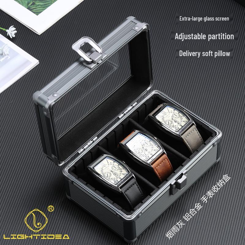 Smoky Grey Aluminum Alloy Multifunction Watch and Jewelry Display Box with Transparent Lid