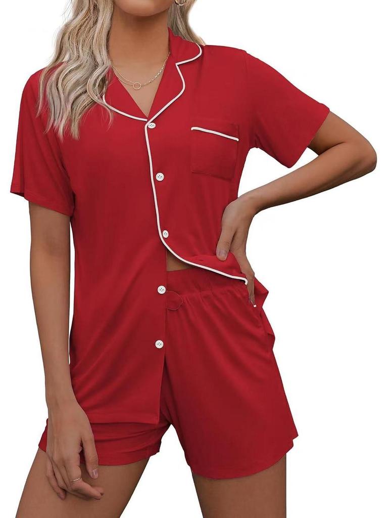 European & American Casual Lapel Women's Short Sleeve Cardigan Pajama Set with Shorts