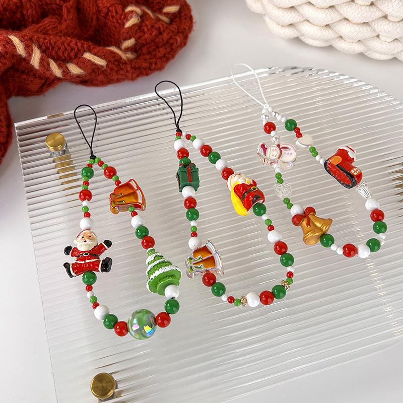 1Pc Christmas Series Mobile Phone Chain Crystal Beaded Snowman Hat Bell Gift Santa Mobile Phone Chain Lanyard Accessories