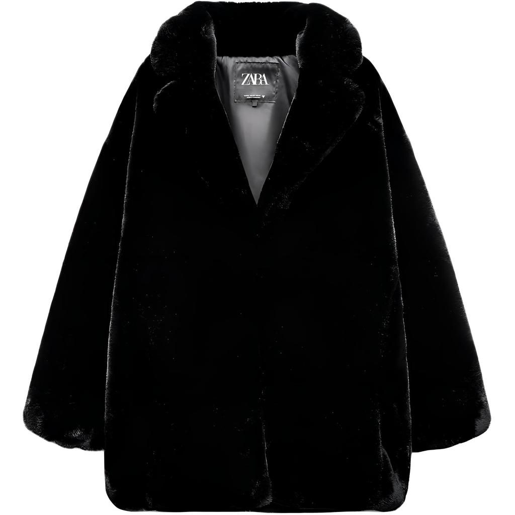 Zara Long Sleeve Lapel Solid Color Plush Coat Women coats Black