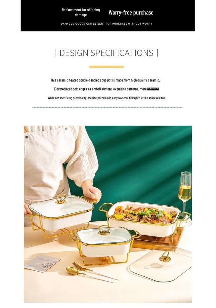 Luxury Ceramic Tableware Set: Rectangular Baking Pan, Casserole Stand, Candle-Heated Soup & Dry Pot