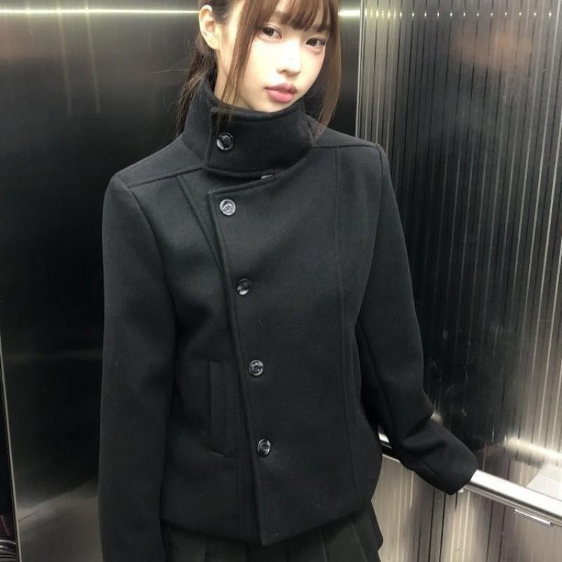 Womens Black Cotton Padded Short Wool Jacket Slim Fit Stand Collardiagonal Buttondiagonal PlacketWomens
