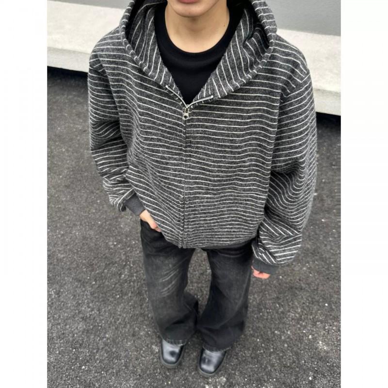 Unisex Striped Hooded Zip Sweatshirt Loose Fit Casual Couple Outerwear American Retro Style