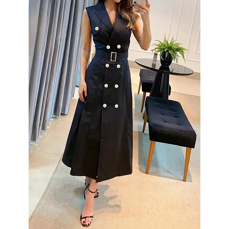 

JKASHDK Women s Fashion Summer Spring Solid Color Print Sleeveless POLO Neck High Waist Casual Dresses XXL чёрный