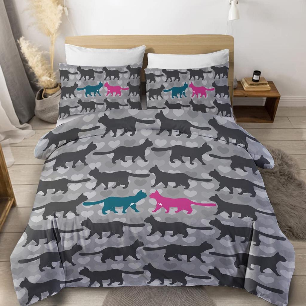 Sada povlečení s kočkami, Šedobílá sada ložního prádla s kočkami, Kreslená sada přikrývky s kočkami, Dívčí Kawaii sada povlaku na přikrývku s kočkami Full King Size
