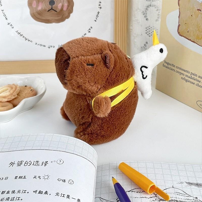 Green Guitar Capybara Plush Toy Short Fur Musical Student Backpack Keychain Cute Collectible Gift