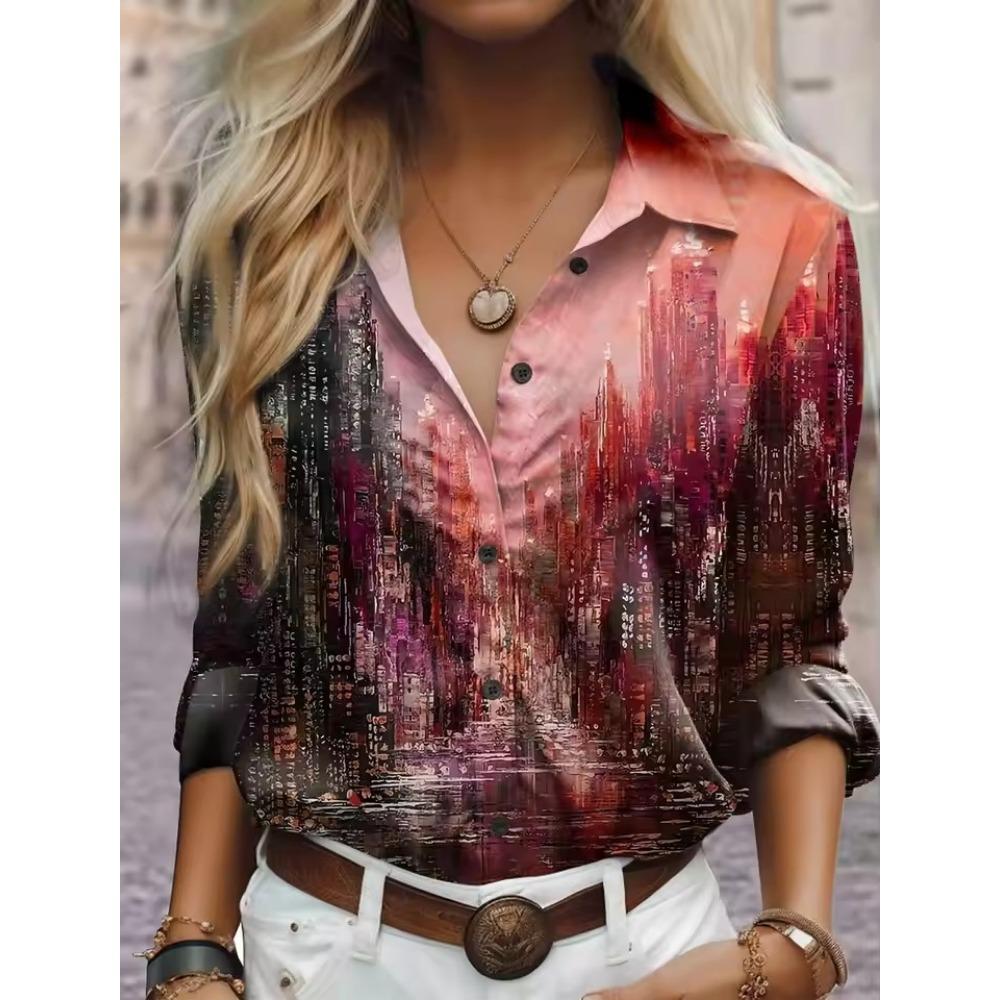 Women's  Fashion Geometric Buttons Blouse Lapel Neck Blouse Womens Long Sleeve Shirts Womens Clothing Female Clothing