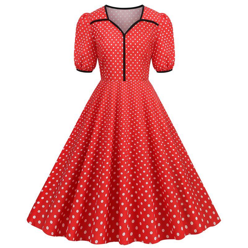 

Summer New Arrival Women s Clothing Slim Looking Dot Polka Dots Printed Waist-Controlled Hepburn Style V-neck Swing Short Sleeve Mid-Length Dress Red(1262) M