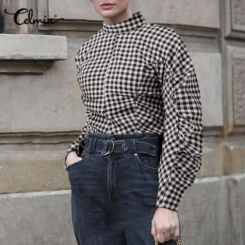 

Celmia Весенние женщины Клетчатый Слойка Длинные рукава Стенд Воротник Свободные топы