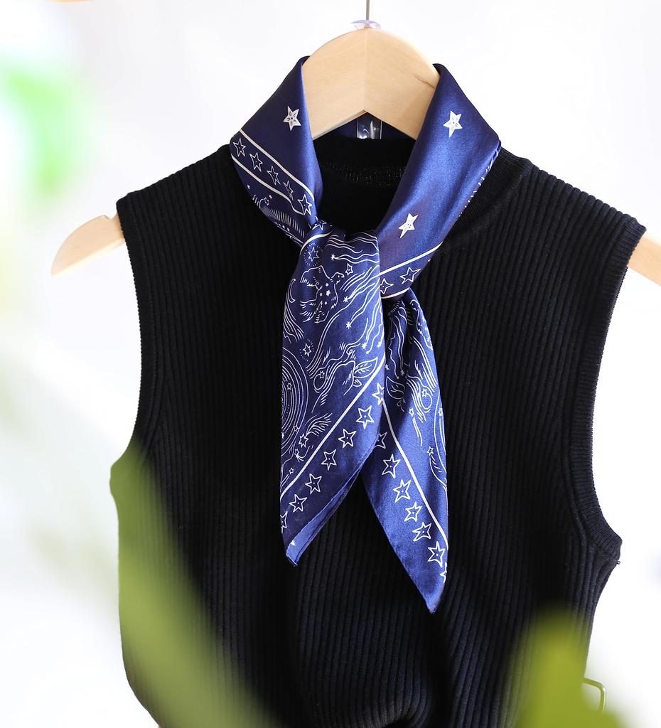 BRMM MIA Silk 53cm Square Perfect for or as a Perfect Day Gift 100% Women's Scarf, Commuting, Office, Handkerchief, Valentine's (Navy Blue)