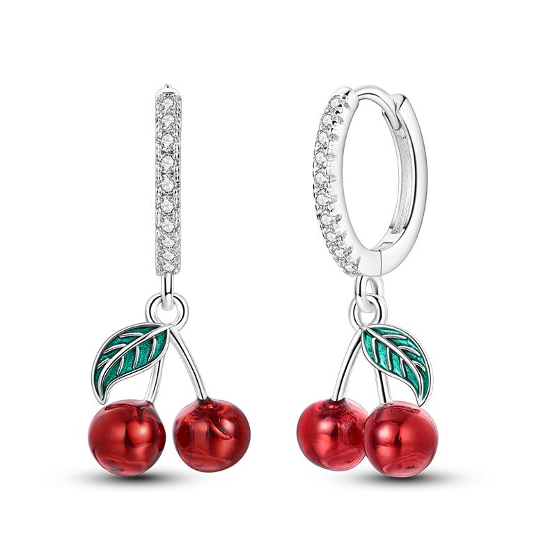 

925 Silver Sweet Cherry Hoop Earrings Sparkling CZ Zircon Earrings For Women Fine Birthday Anniversary Jewelry Gifts